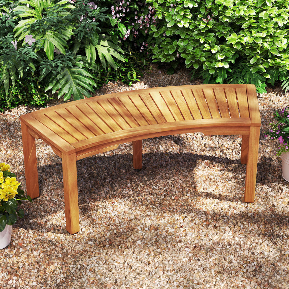 Curved acacia wood outdoor bench for 2, featuring a smooth surface and elegant design, perfect for garden relaxation.