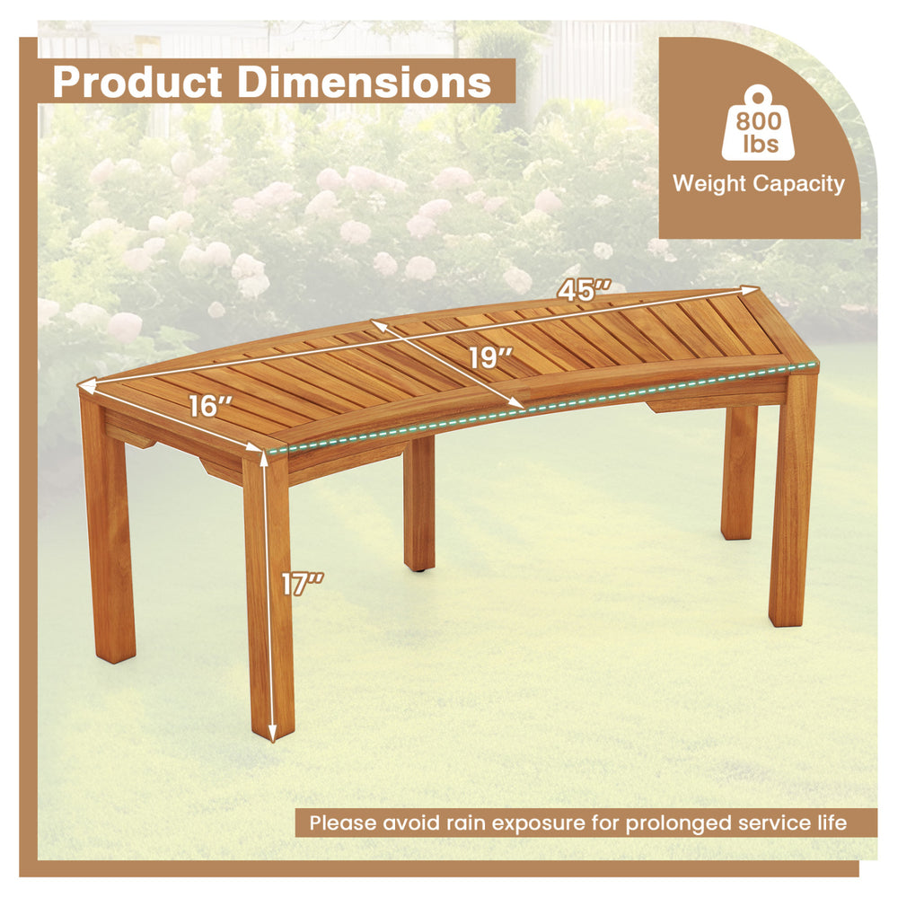 Curved acacia wood outdoor bench dimensions showing 45" length and 800 lbs capacity, ideal for garden or patio use.