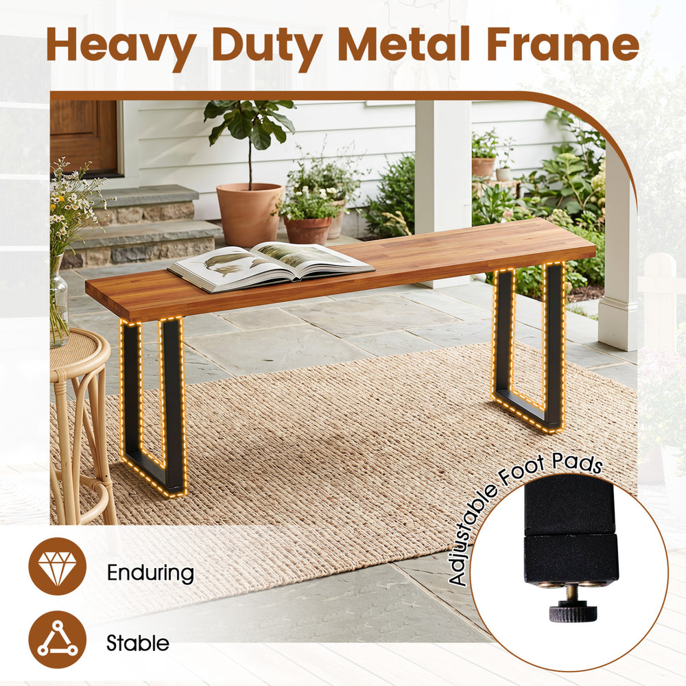 Wood patio bench with a heavy-duty metal frame, featuring adjustable foot pads for stability in various settings.