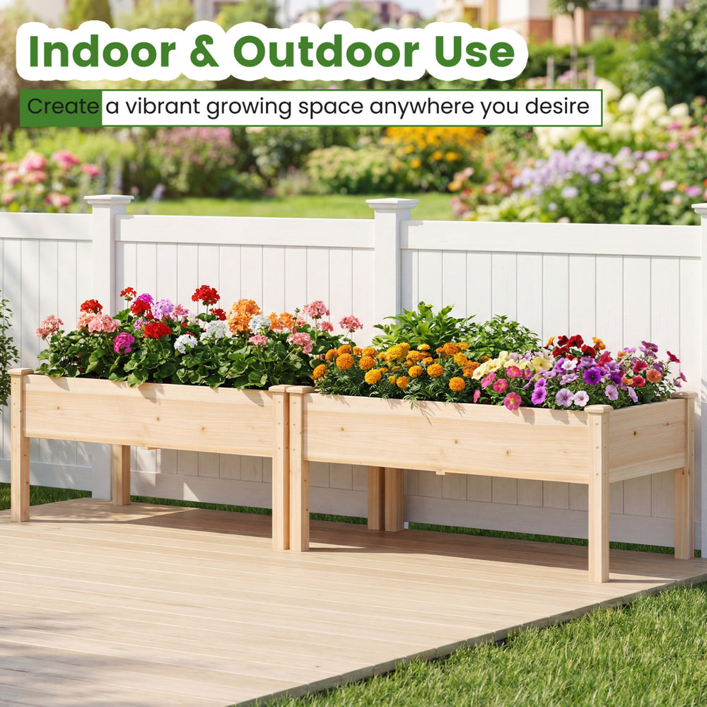 Wooden raised garden bed with legs made of natural fir wood, ideal for indoor and outdoor planting.