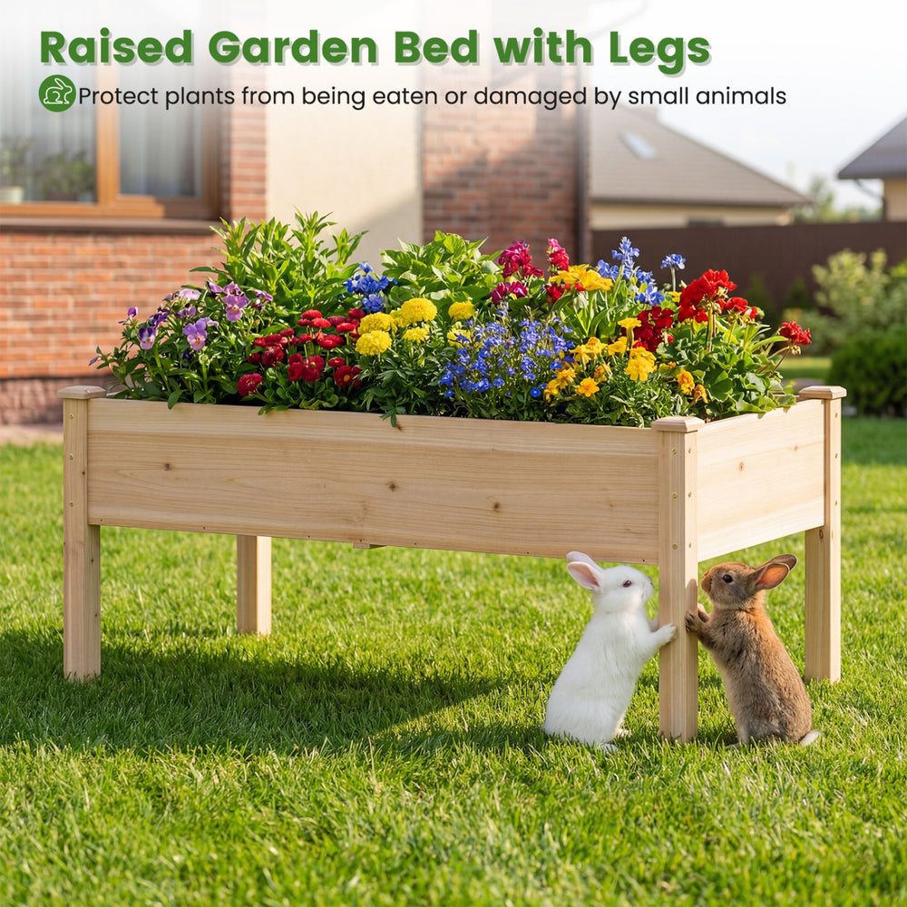 Wooden raised garden bed with legs in natural fir wood, featuring vibrant flowers and rabbits, ideal for outdoor.