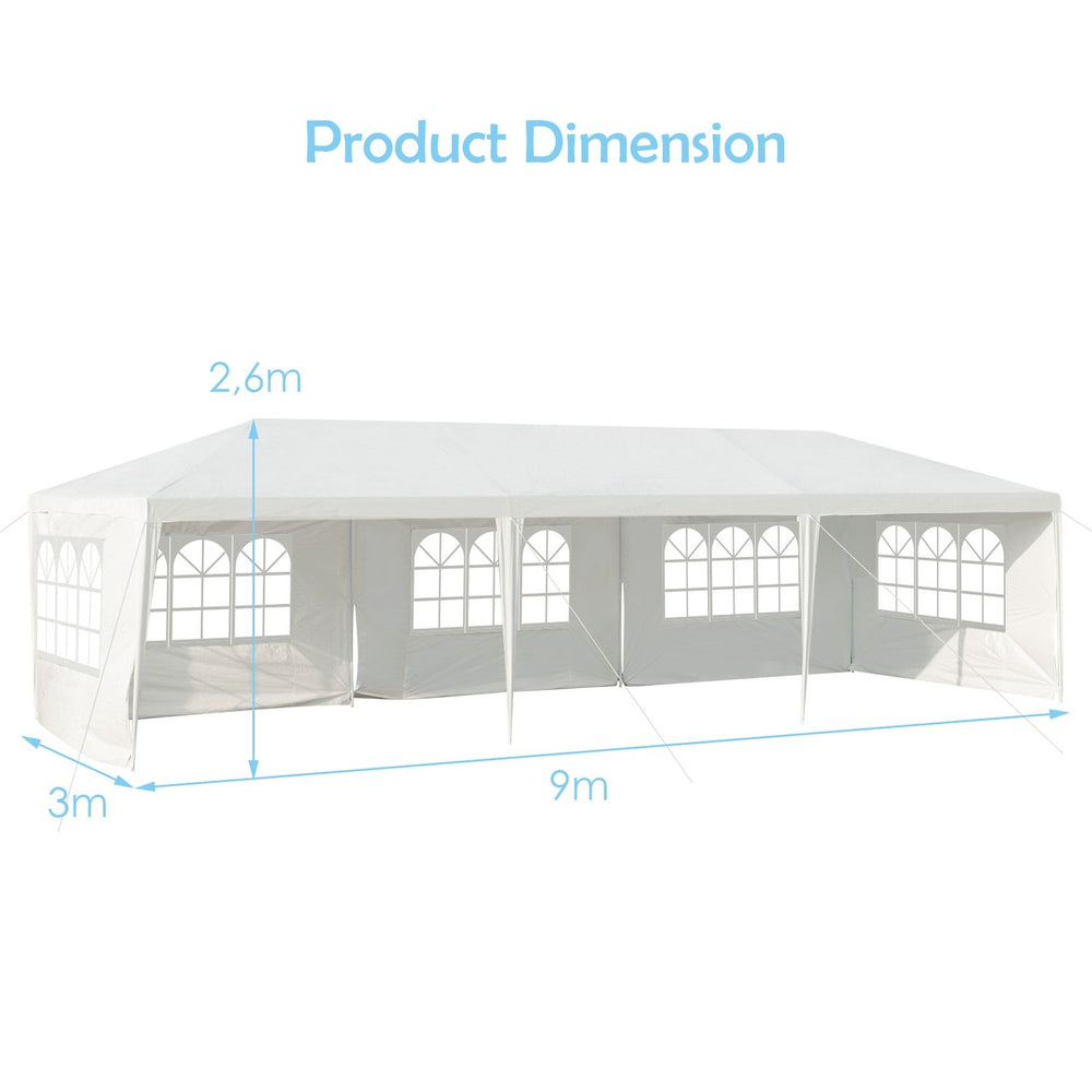 Large 10' x 30' canopy tent with 5 removable sidewalls, ideal for outdoor parties and weddings, featuring sturdy steel.