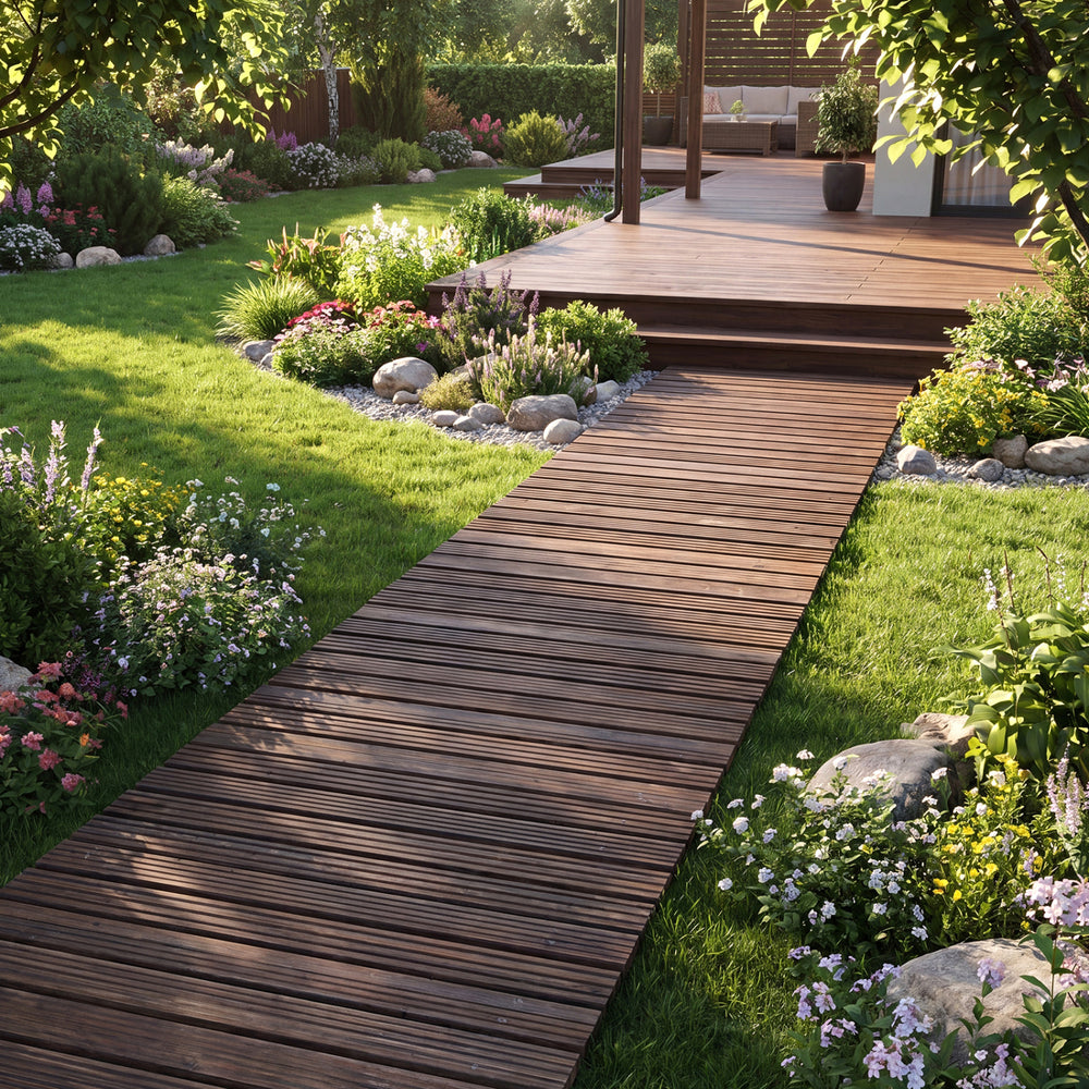 Set of 2 12 FT Wooden Garden Pathway Roll Out Decorative Cedar Straight Outdoor Walkway-Brown - Gallery View 1 of 10