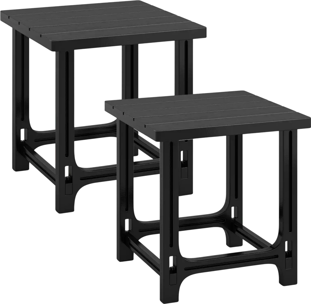 Set of 2 black outdoor Adirondack side tables with slatted surfaces, perfect for poolside use and low-maintenance care.
