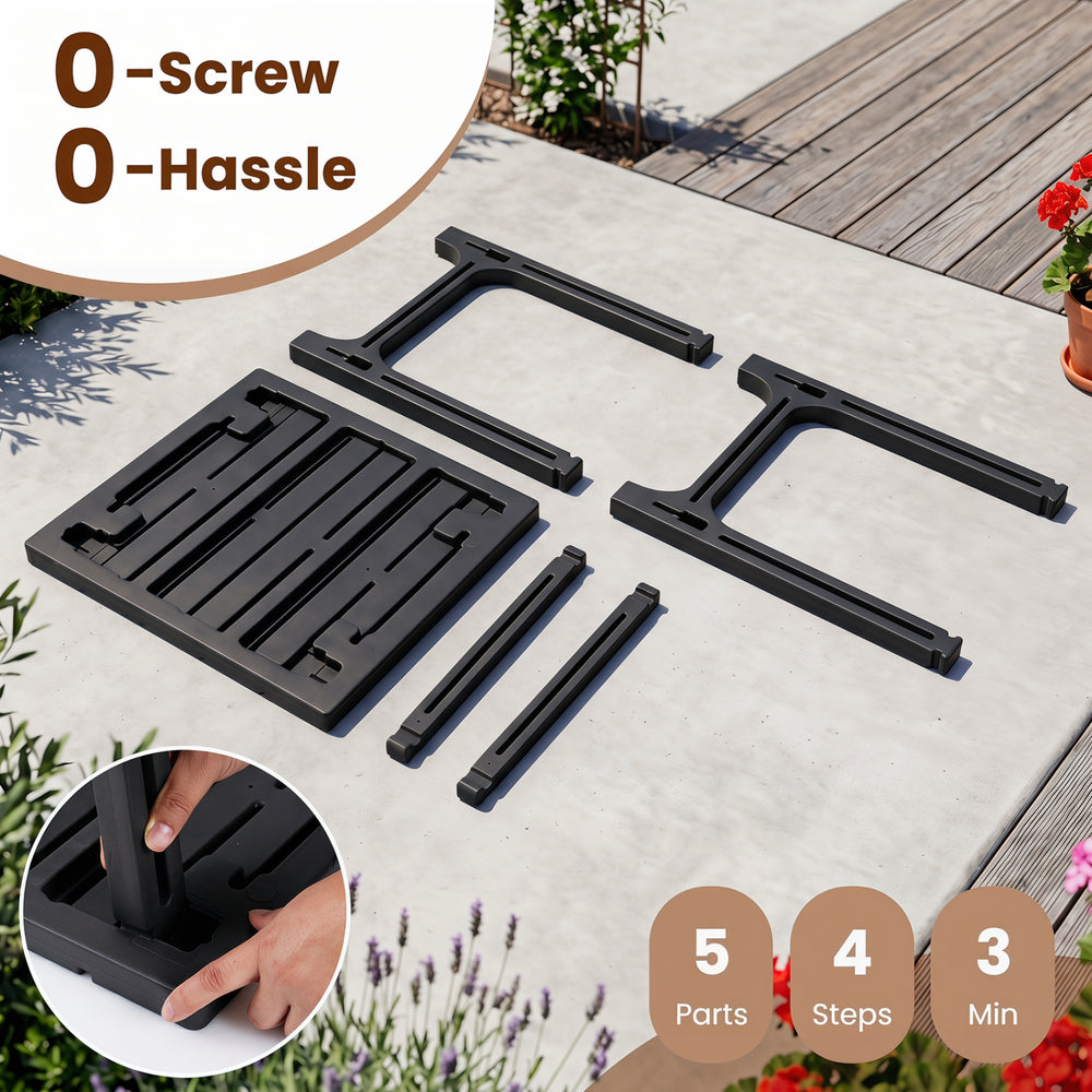 Set of two 18-inch black outdoor Adirondack side tables with slatted surfaces, ideal for poolside use and easy assembly.