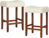 Set of 2 backless bar stools with cushioned off-white seats and sturdy rubber wood legs, perfect for kitchen or dining.