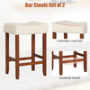 Set of 2 bar stools with cushioned curved seats, rubber wood legs, and footrest, perfect for kitchen or dining room use.