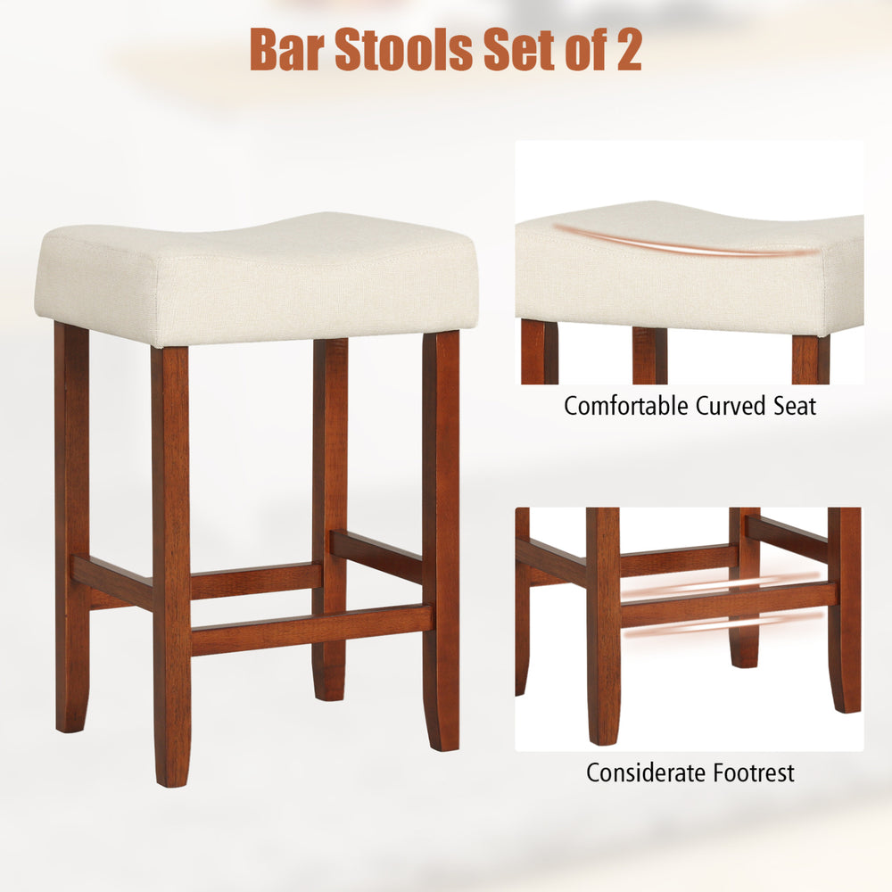 Set of 2 bar stools with cushioned curved seats, rubber wood legs, and footrest, perfect for kitchen or dining room use.
