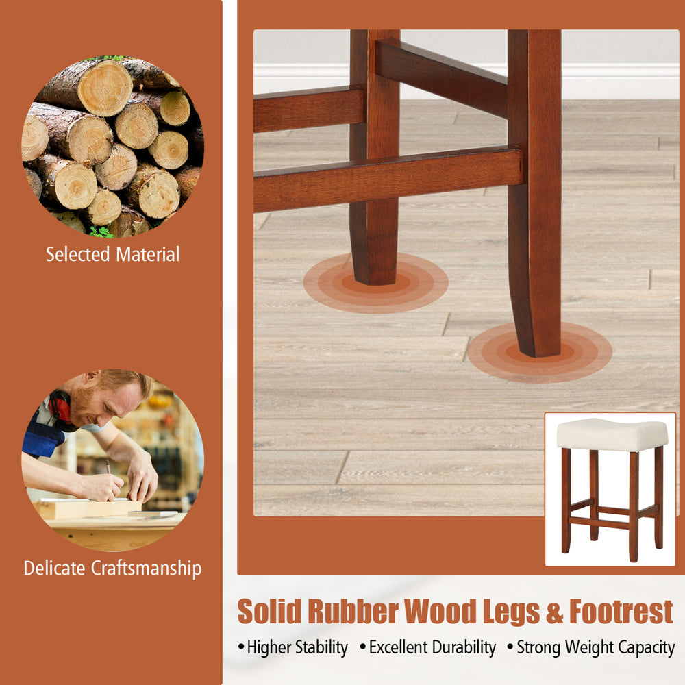 Set of 2 24-inch bar stools with cushioned seats, solid rubber wood legs, and anti-slip foot pads for indoor use.