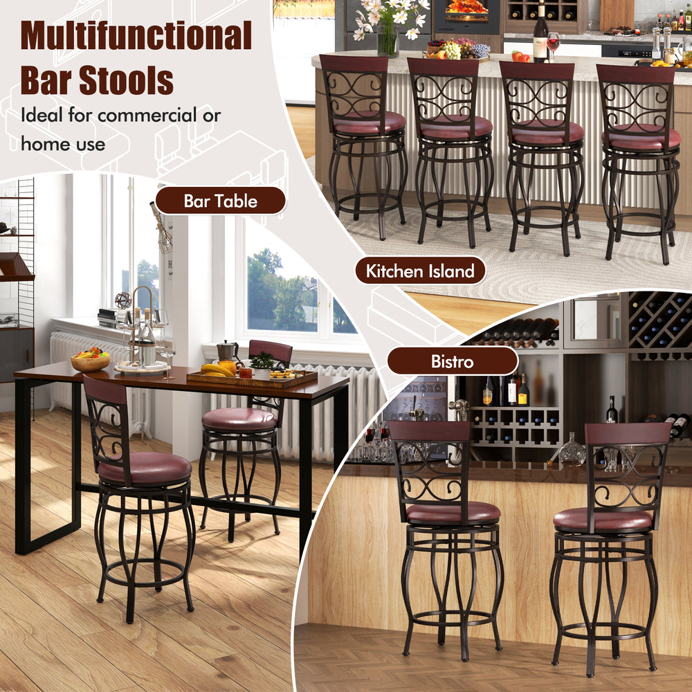 Set of 2 vintage 26-inch bar stools with backrest and footrest, featuring a brown PU leather seat for comfort and style.