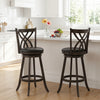 Set of 2 gray counter height bar stools with rubber wood frame, swivel base, and ergonomic hollowed backrest for comfort.