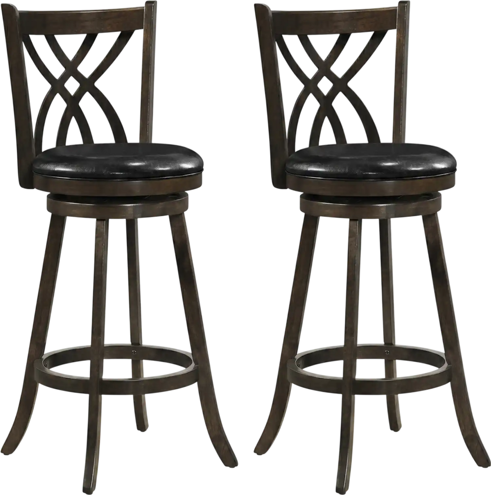 Set of 2 counter height bar stools with rubber wood frame, swivel base, and padded seat for kitchen islands and bars.