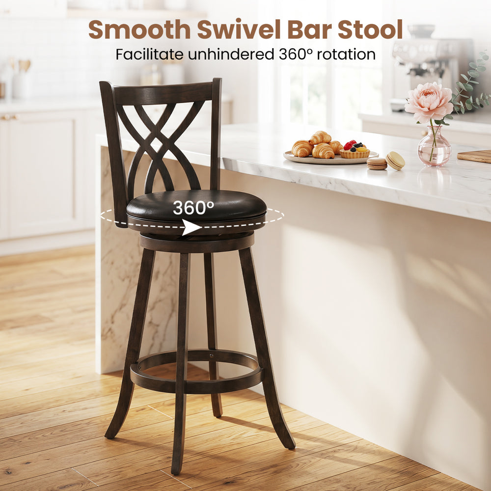 Counter height bar stool with a smooth 360° swivel, rubber wood frame, and ergonomic hollowed backrest for comfort.