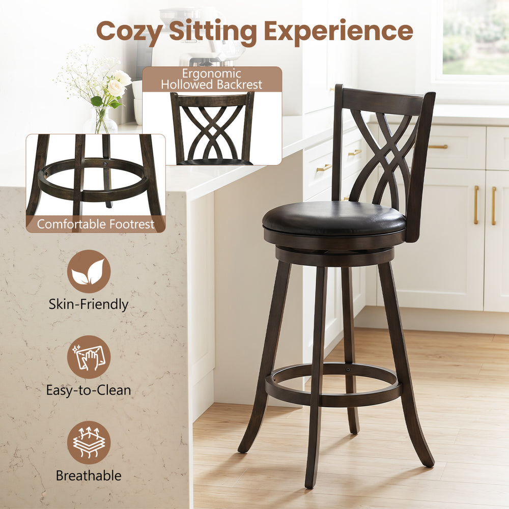 29" counter height bar stool set with rubber wood frame, ergonomic hollowed backrest, and easy-to-clean PU leather upholstery.