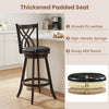 Counter height bar stool set featuring a gray padded seat, rubber wood frame, and ergonomic hollowed backrest for comfort.