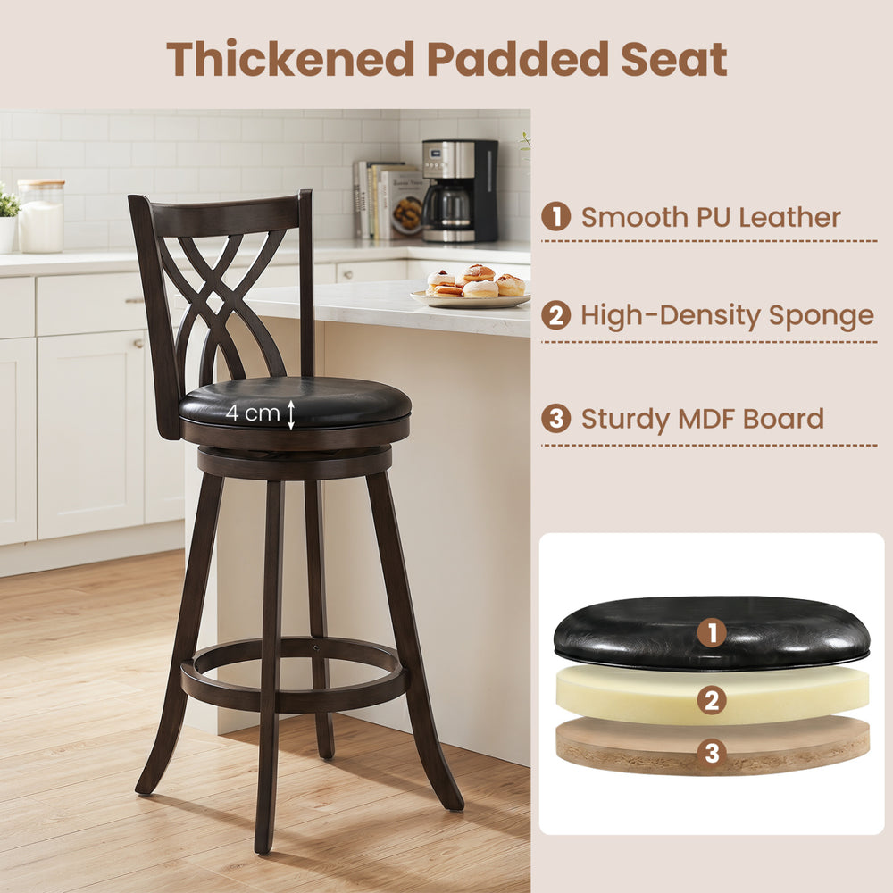 Counter height bar stool set featuring a gray padded seat, rubber wood frame, and ergonomic hollowed backrest for comfort.