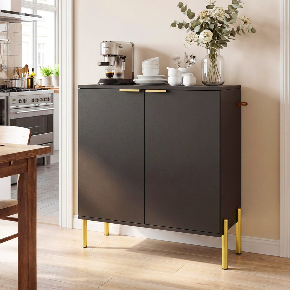 Black 2-door buffet cabinet with metal legs, featuring a wide top for decor and enclosed shelves for organized storage.