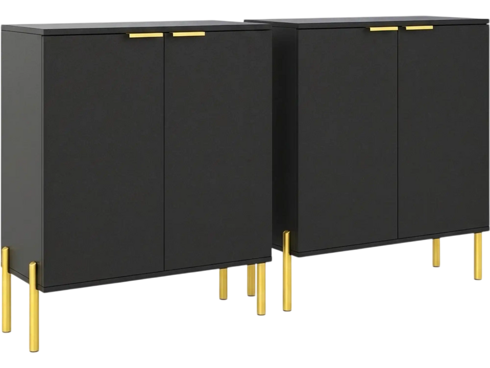 Set of 2 black buffet cabinets with metal legs, featuring enclosed shelves and modern design for versatile home use.