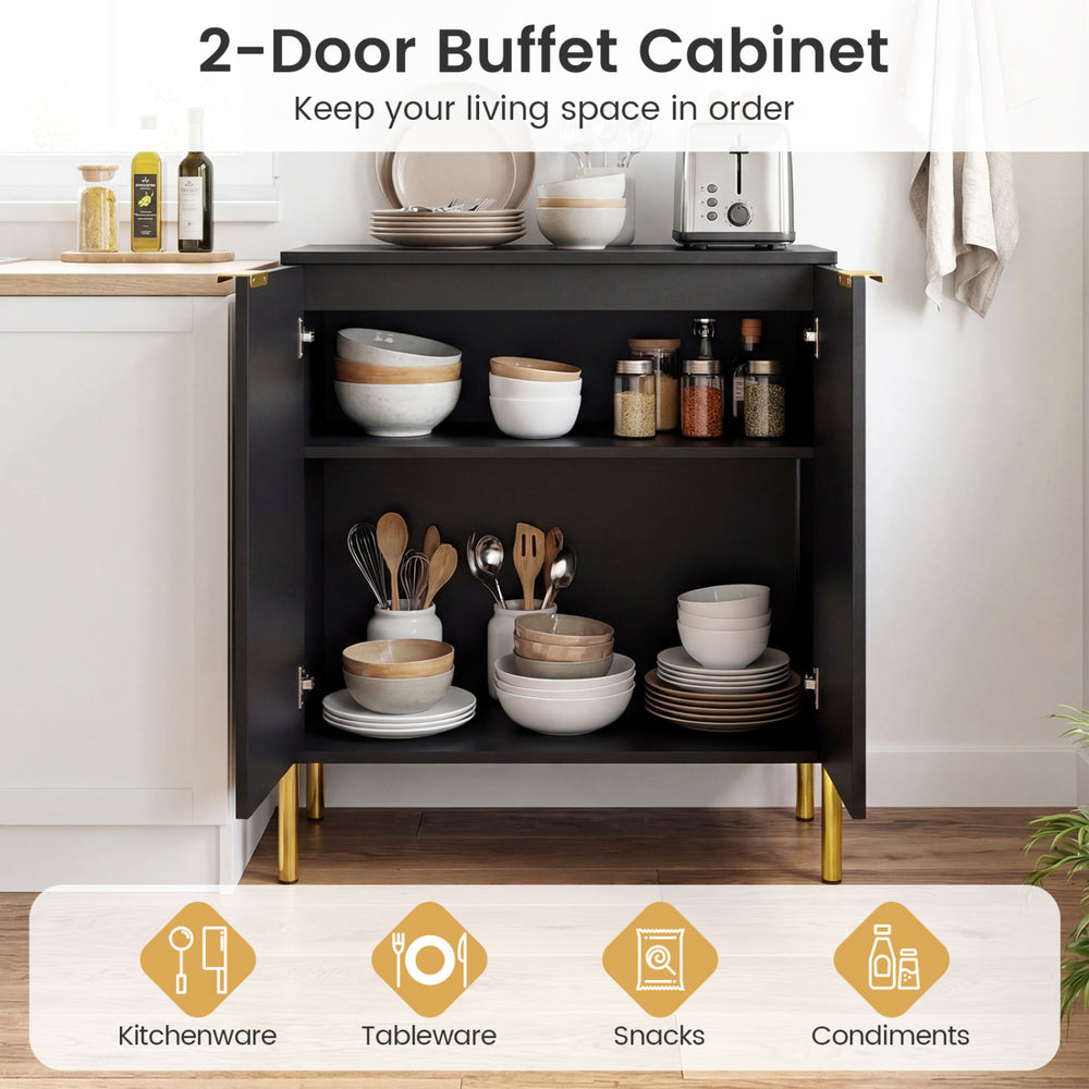 2-door buffet cabinet in black with metal legs, featuring enclosed shelves for kitchenware and elegant design for home.