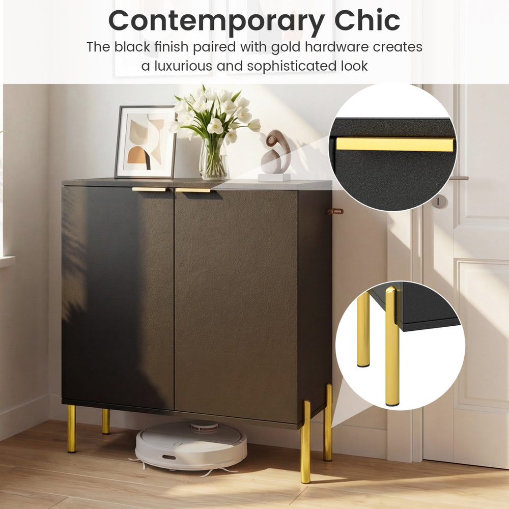 Black 2-door buffet cabinet with gold metal legs, featuring enclosed shelves and modern design for versatile home use.