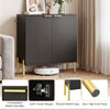 Black 2-door buffet cabinet with gold metal legs, featuring soft-close hinges and anti-slip foot pads for stability.