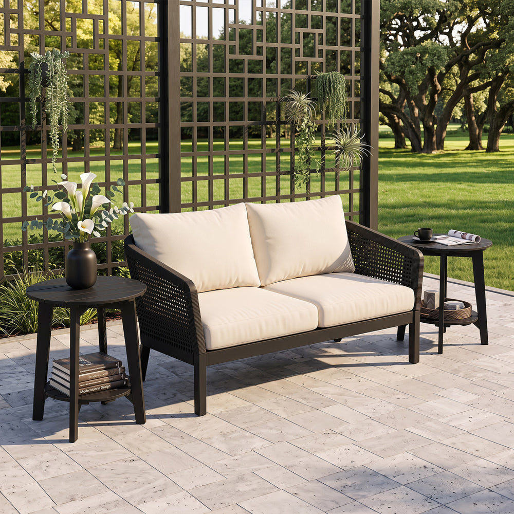 Black 2-tier outdoor eucalyptus wood side table with slatted tabletop and storage shelf, perfect for backyard or patio use.