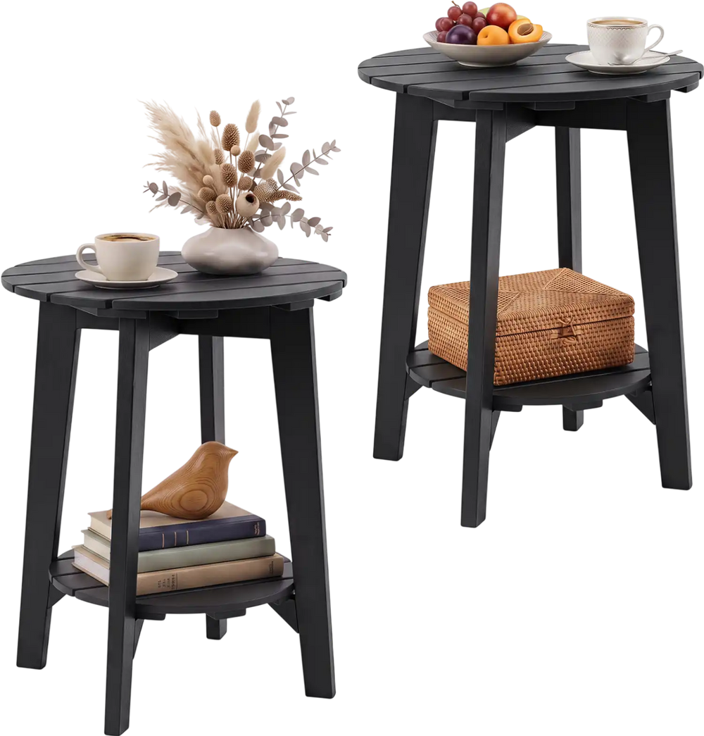 Set of 2 black outdoor eucalyptus wood side tables with slatted tops and storage shelves for versatile indoor and outdoor use.