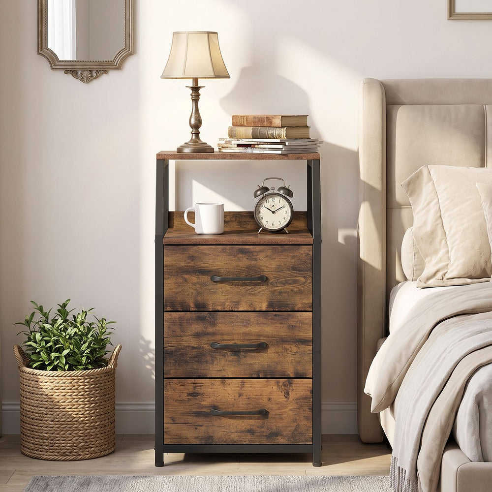 Rustic brown nightstand featuring three fabric drawers and two open shelves, perfect for bedroom storage and decor.