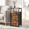 Rustic brown nightstand featuring three fabric drawers and two open shelves, perfect for storage and decoration.