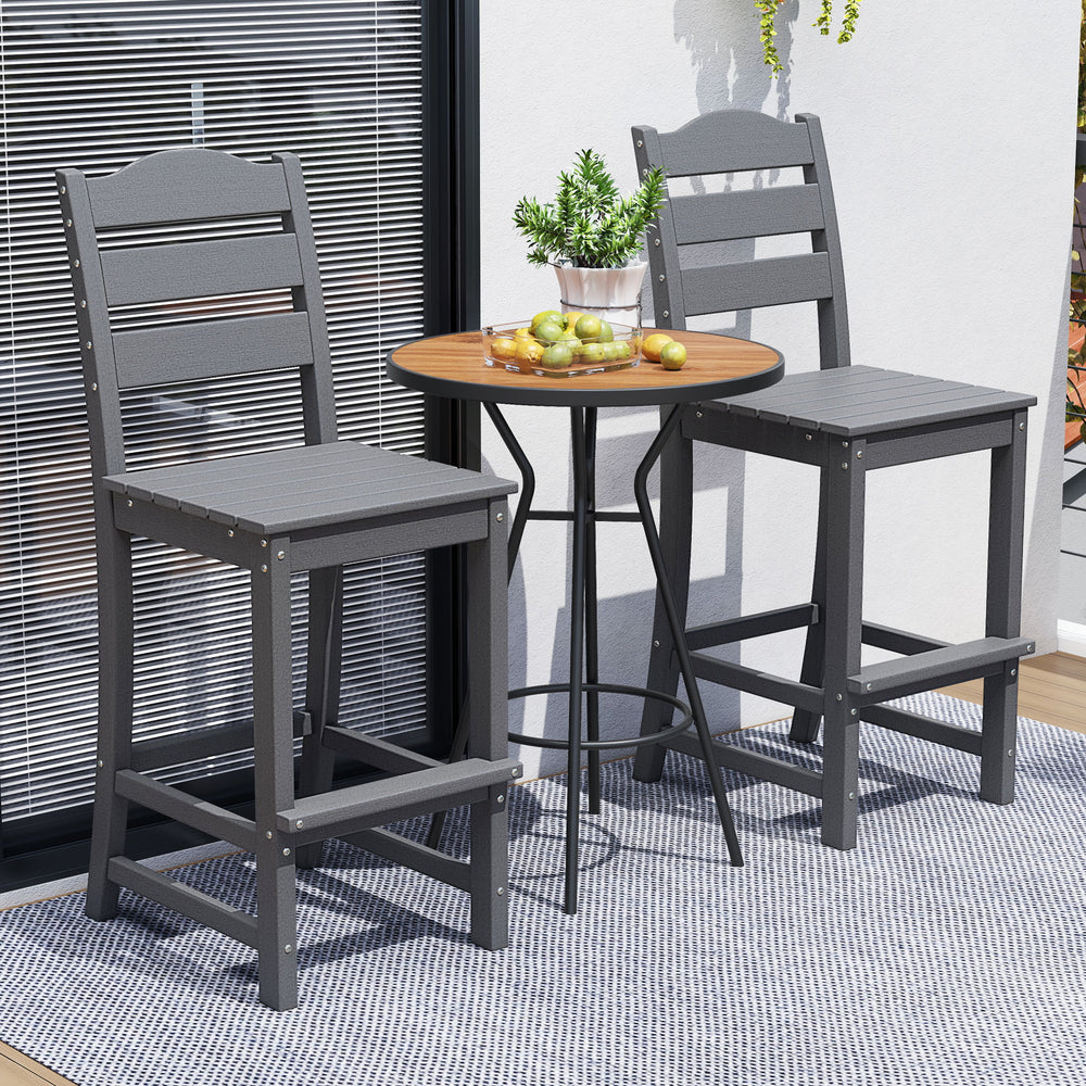 Set of 2 gray HDPE outdoor counter height bar stools with backs, featuring a slatted design and wider footrest for.