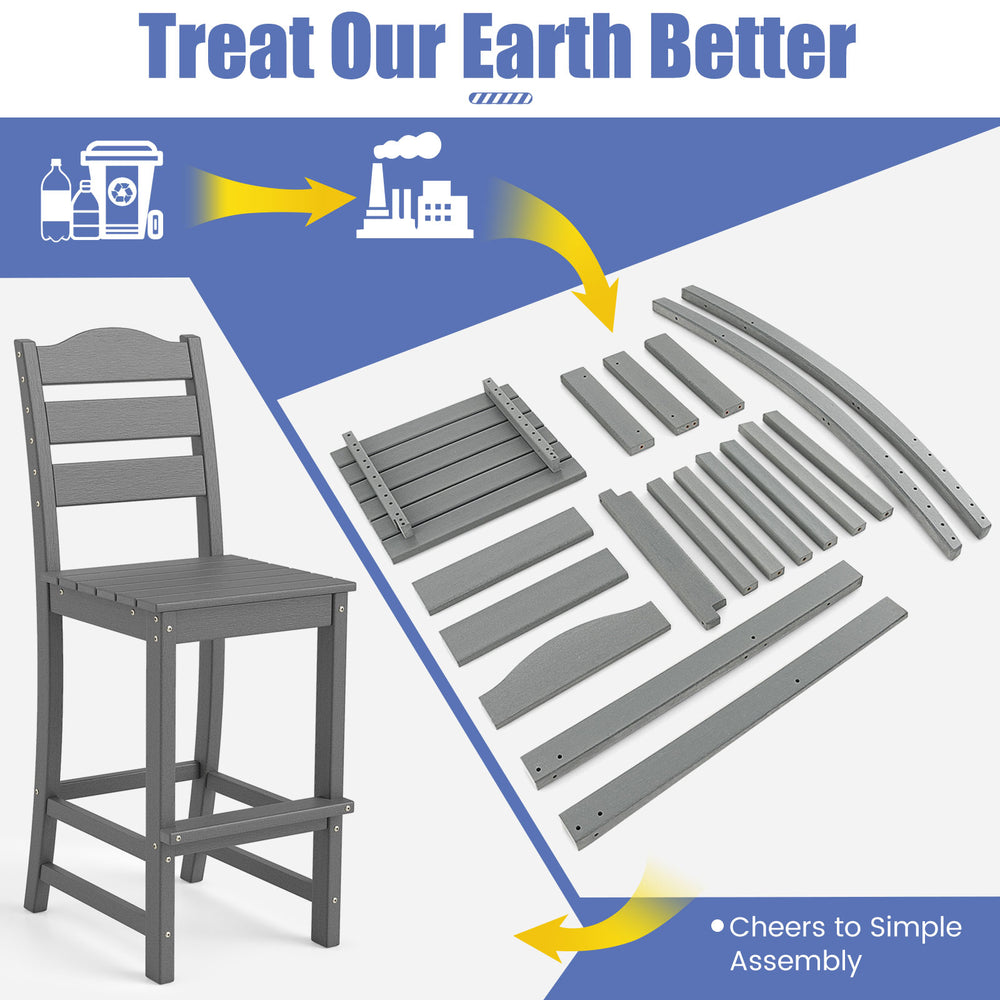 Gray HDPE outdoor counter height bar stool set with backs, featuring slatted design and wider footrest for comfort.