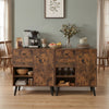 Rustic brown buffet cabinet with two drawers and open compartments, ideal for kitchen storage and display.