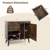 Buffet cabinet with two drawers and open compartments in rustic brown, featuring dimensions for kitchen storage solutions.