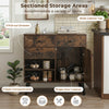 Rustic brown buffet cabinet featuring 2 drawers and open compartments, ideal for kitchen storage and display.