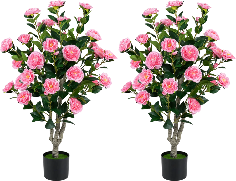 Set of 2 artificial camellia trees with pink blossoms and dense green foliage in cement pots for vibrant outdoor decoration.