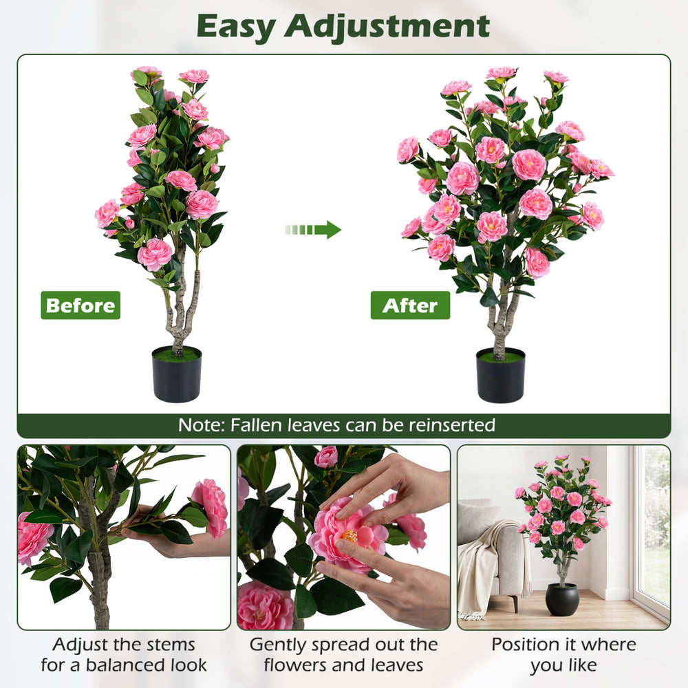 Artificial camellia tree with vibrant orange blossoms in a cement pot, perfect for decorative use in various settings.