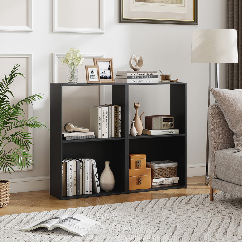 Set of 2 3-Tier Bookshelf with Open Storage Compartment and Freestanding Display Shelf-Black - Gallery View 1 of 10