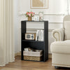 Black 3-tier bookshelf with open storage compartment, ideal for organizing books and decor in any room.