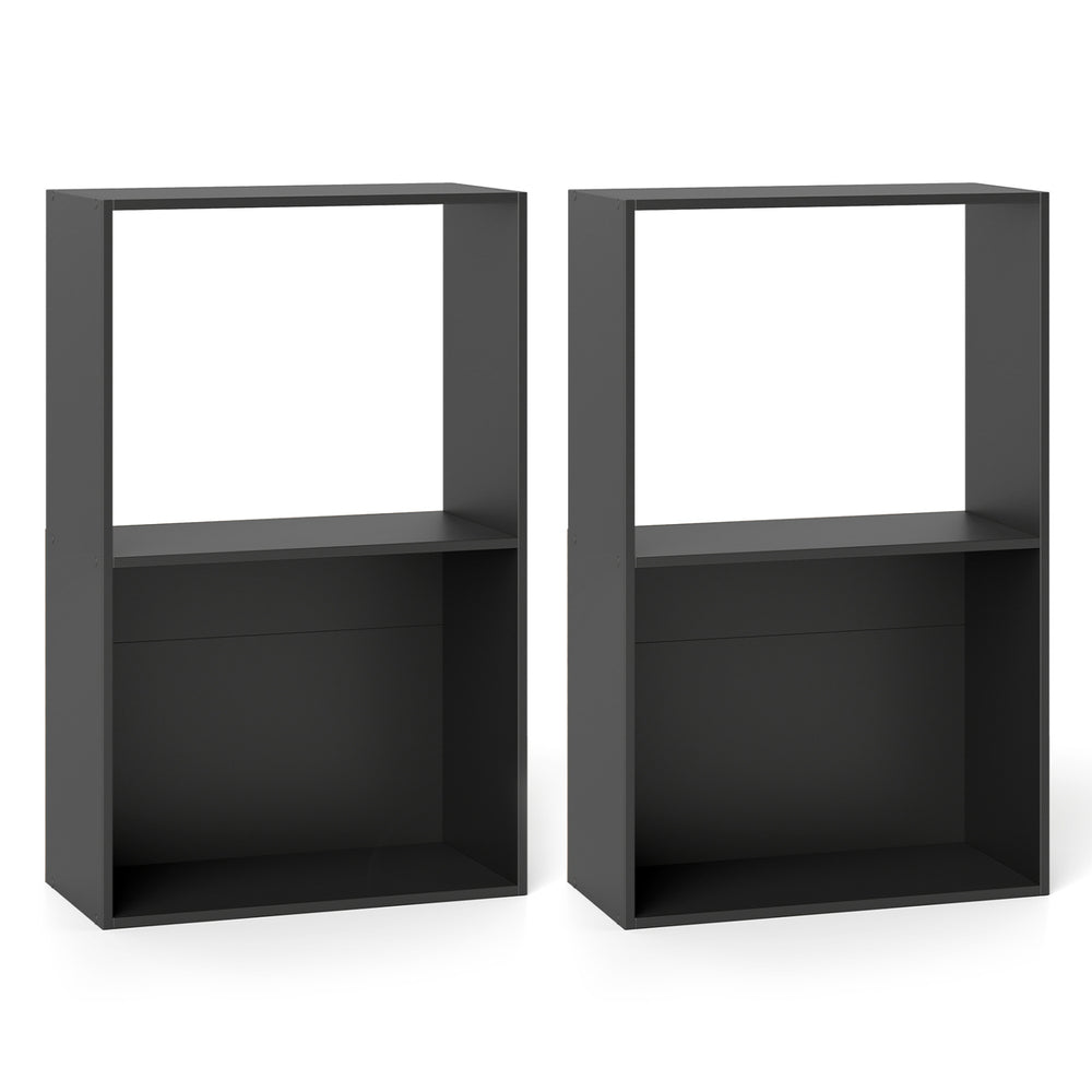 Set of 2 black 3-tier bookshelves with open storage compartments, perfect for organizing books and decor in any room.