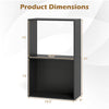 Dimensions of the black 3-tier bookshelf with open storage compartment, ideal for organizing books and decor.