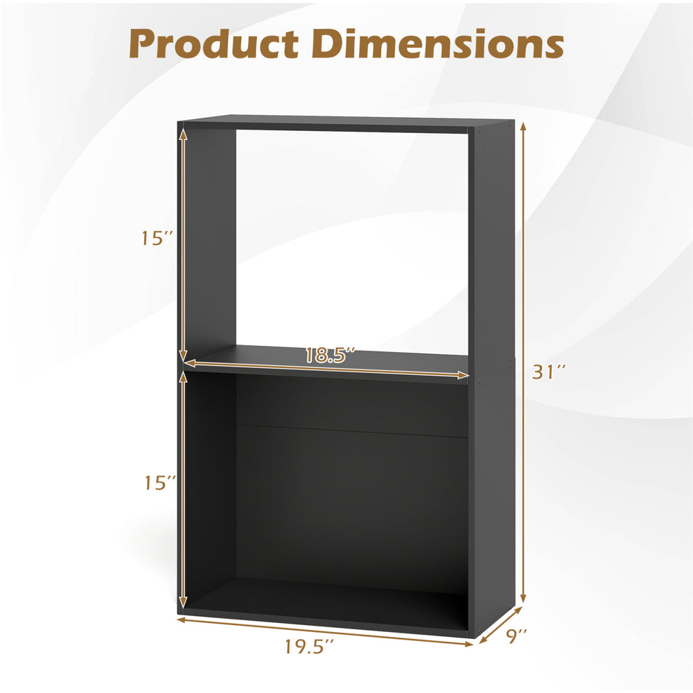 Dimensions of the black 3-tier bookshelf with open storage compartment, ideal for organizing books and decor.