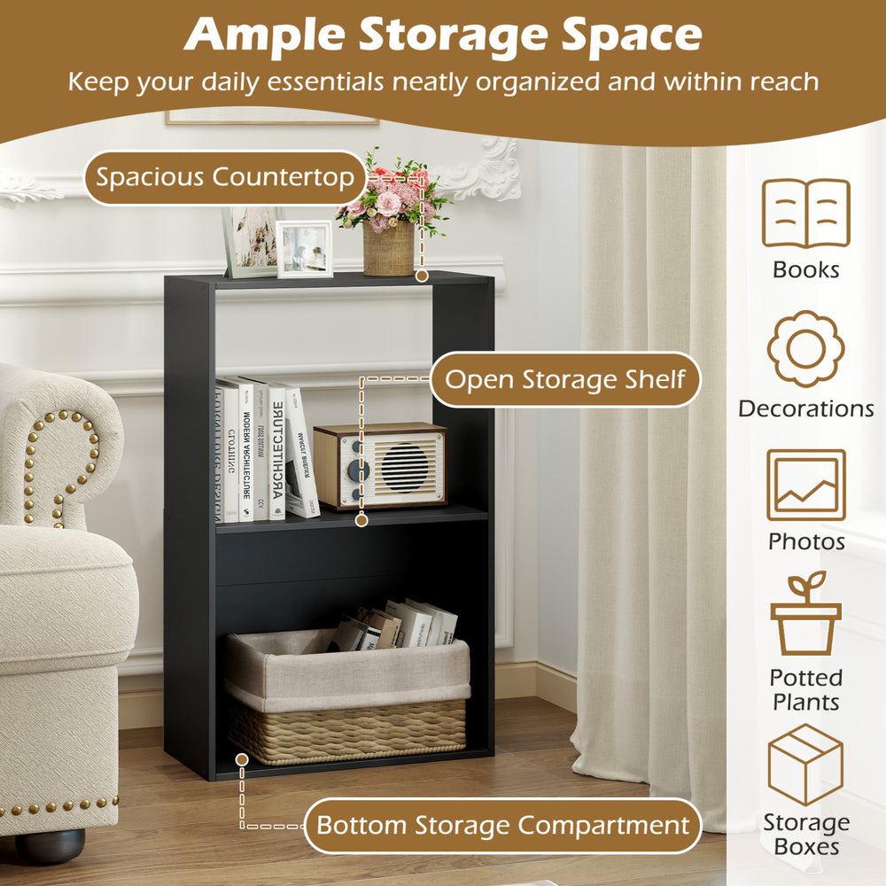 3-tier black bookshelf featuring an open storage compartment and spacious countertop, ideal for organizing books and.
