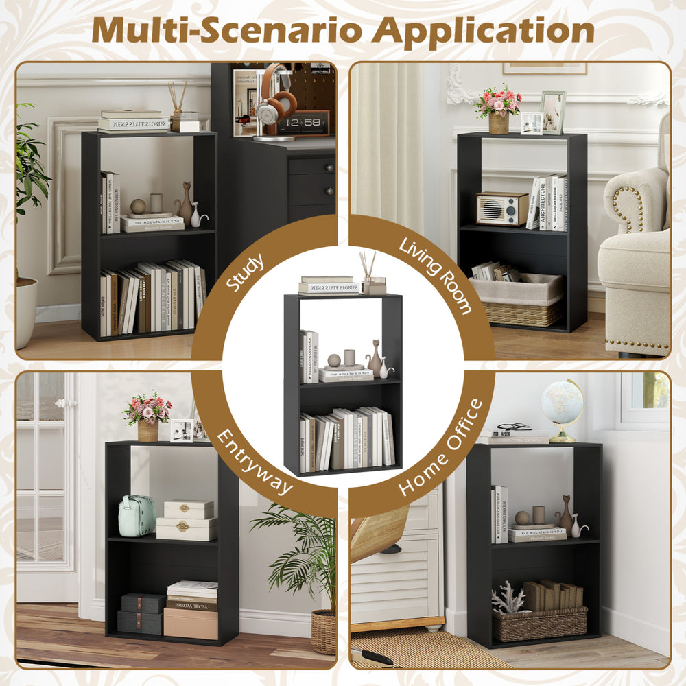 3-tier black bookshelf with open storage, ideal for study or living room organization and modern minimalist design.