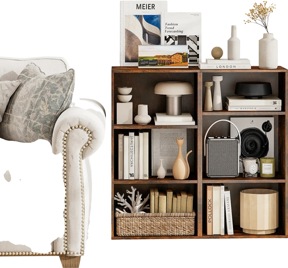 3-tier cube bookcase in rustic brown with adjustable shelves, ideal for home office storage and display.