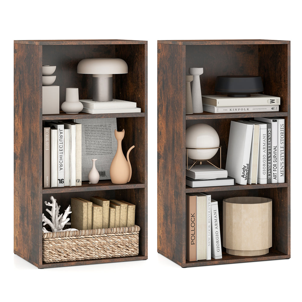 Rustic brown 3-tier cube bookcase set with adjustable shelves, ideal for home office storage and display.