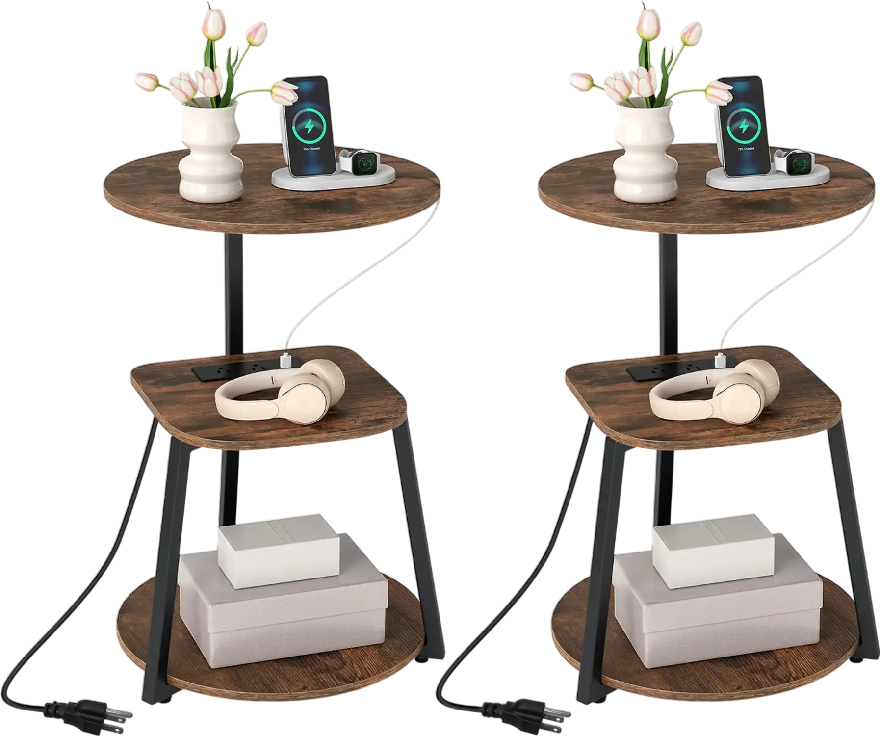 Costway Set of 2 3-Tier Round End Side Tables with Charging Station 87939137 New