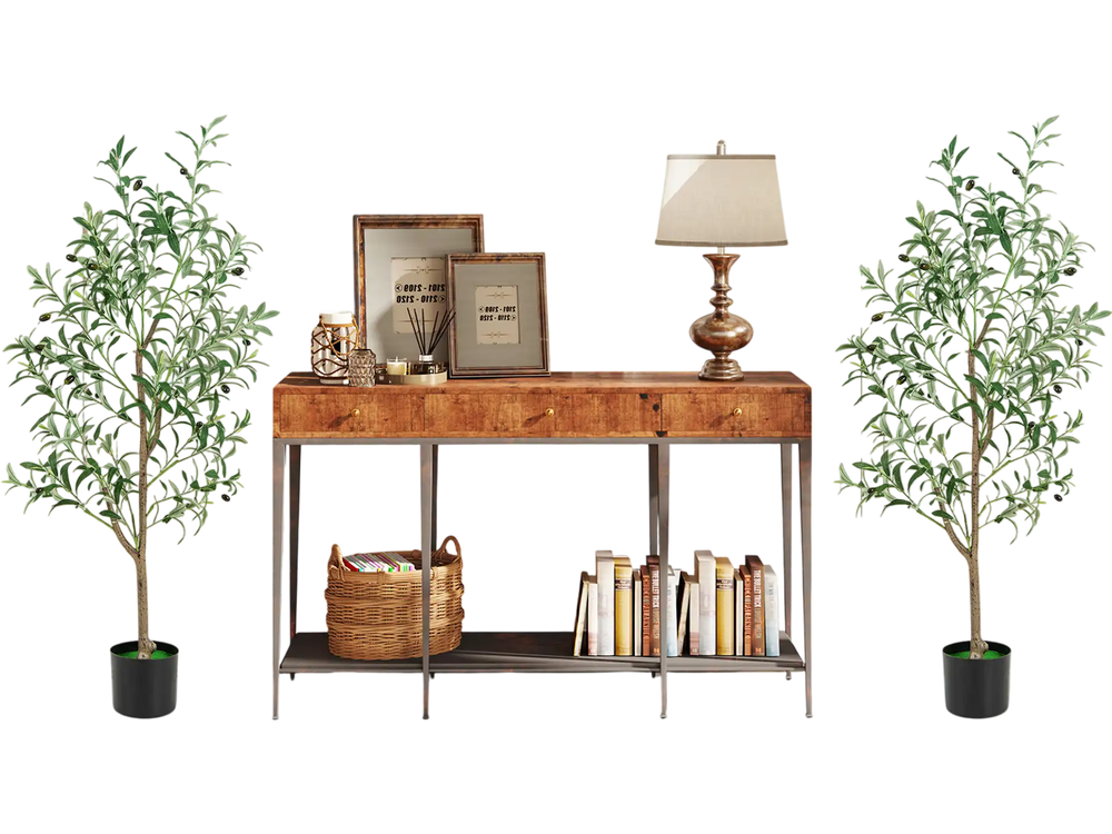 Set of 2 artificial olive trees with realistic fruits in cement pots, perfect for home or office decor.