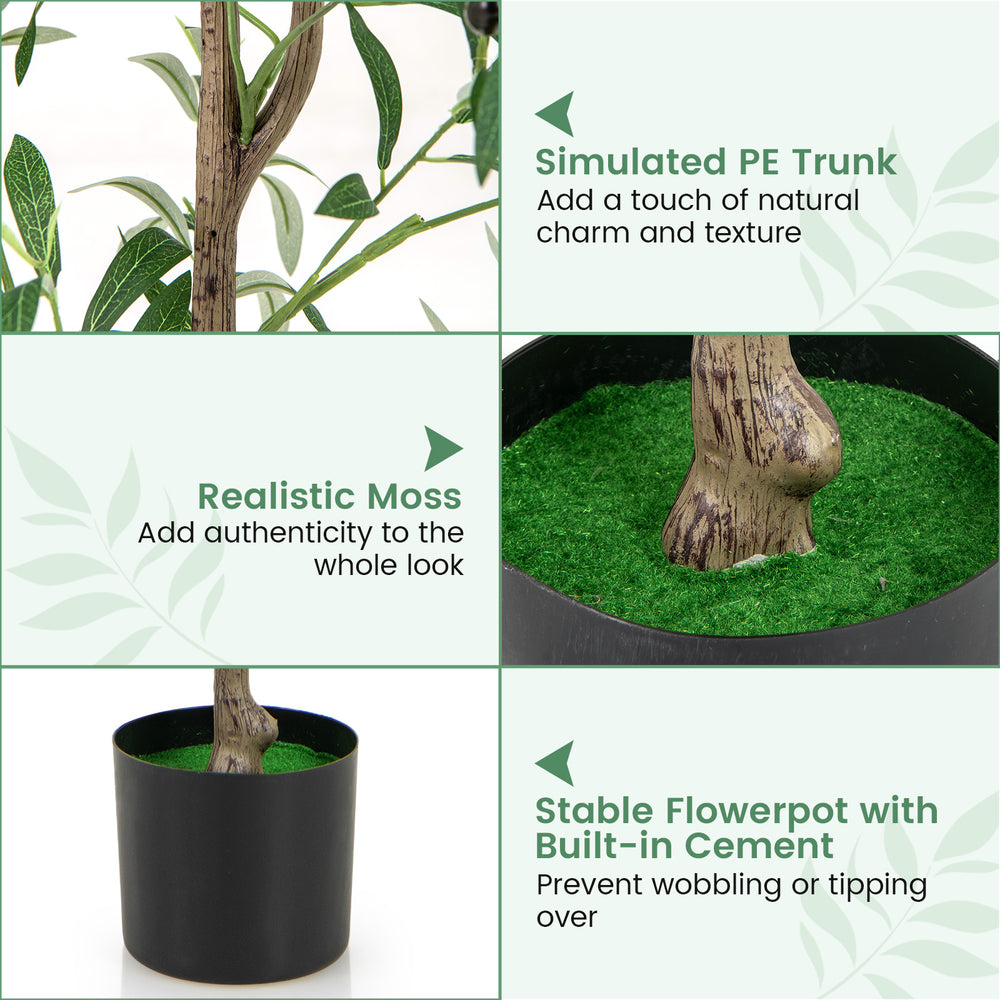 4.5 feet tall artificial olive tree with simulated PE trunk and realistic moss, perfect for home or office decoration.