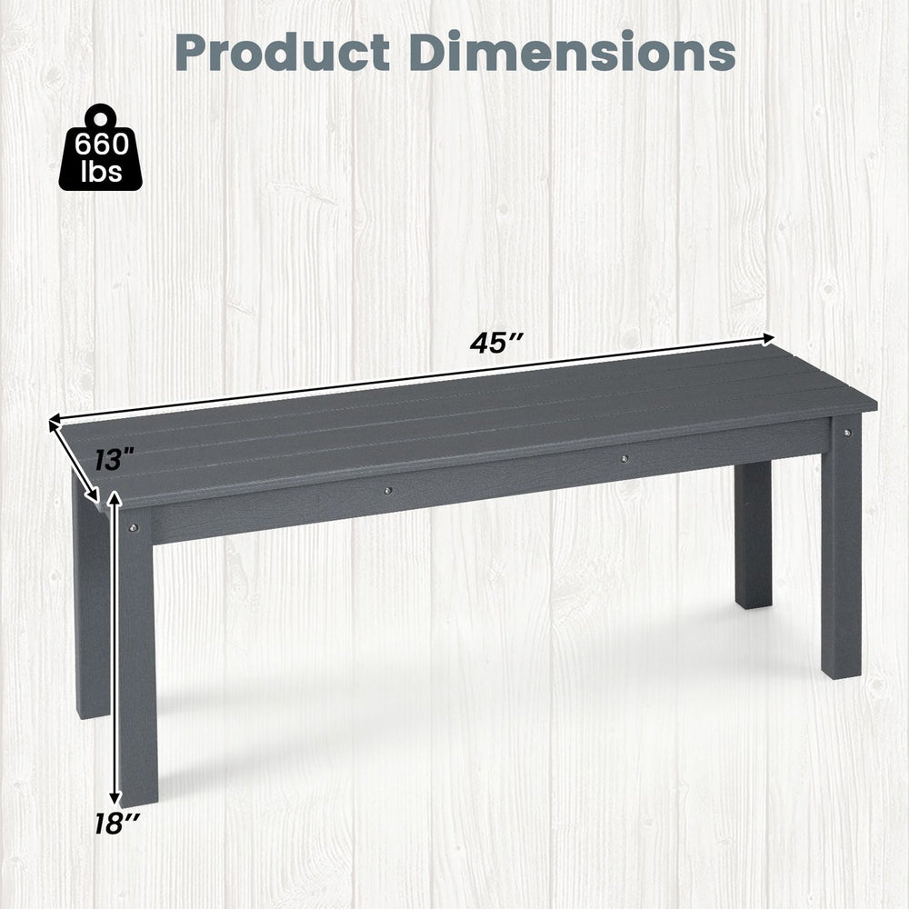 Dimensions of the gray 45" outdoor HDPE bench with slatted seat, supporting up to 660 lbs for versatile patio use.