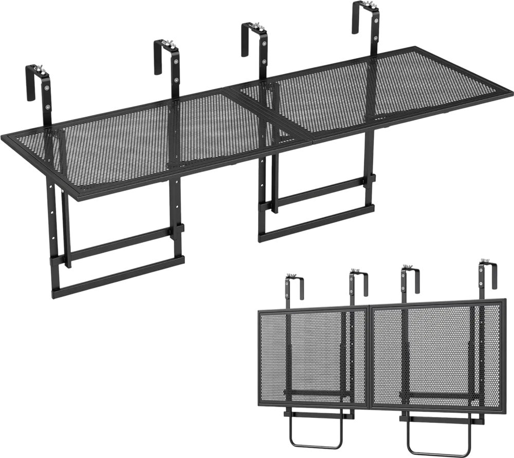 Adjustable 48" black balcony railing table set with seamless design, perfect for outdoor patios and decks.